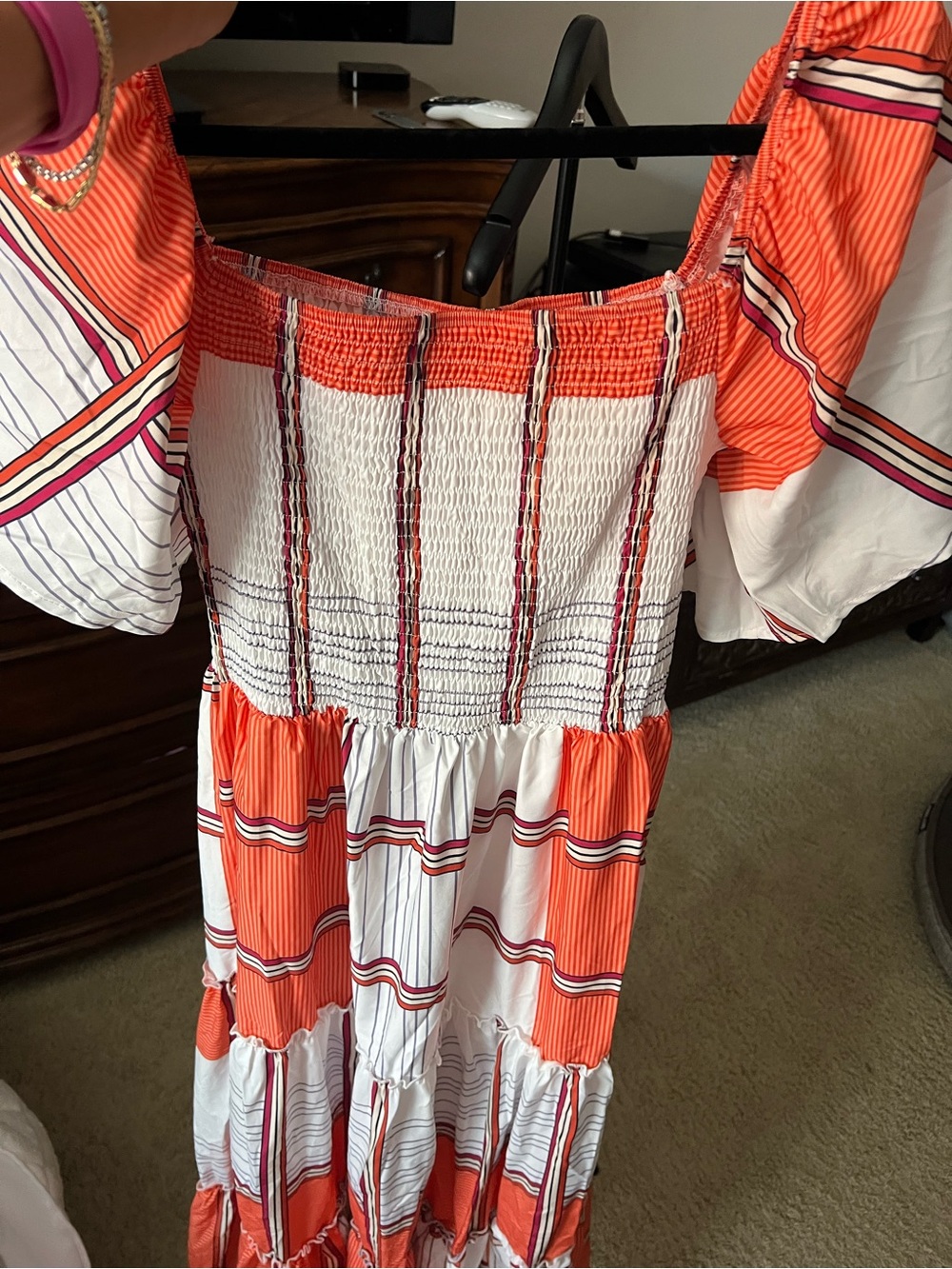 Orange & White Striped Smocked Maxi Dress